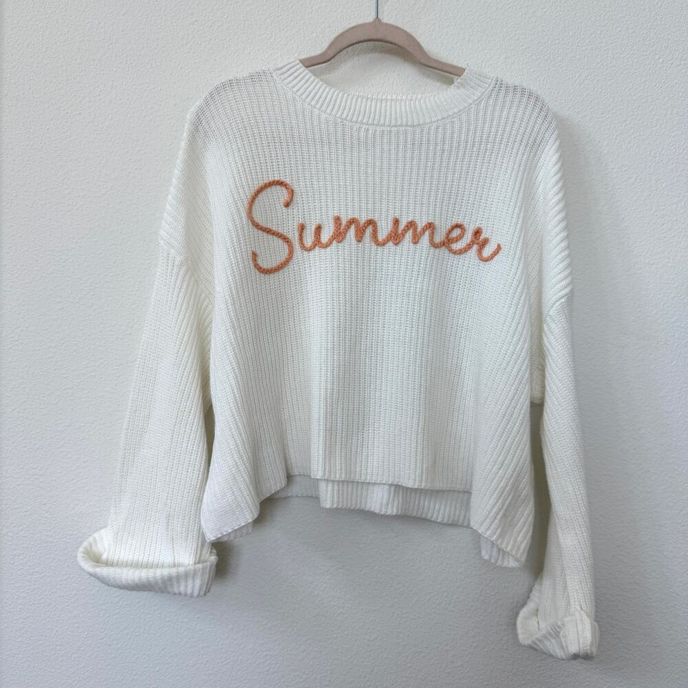 Moon & Madison Summer Knit Sweater White Orange‎ Lettering Women Size L